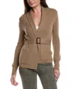 Bruno Magli Merino Wool Ribbed Belted Shawl Cardigan In Brown