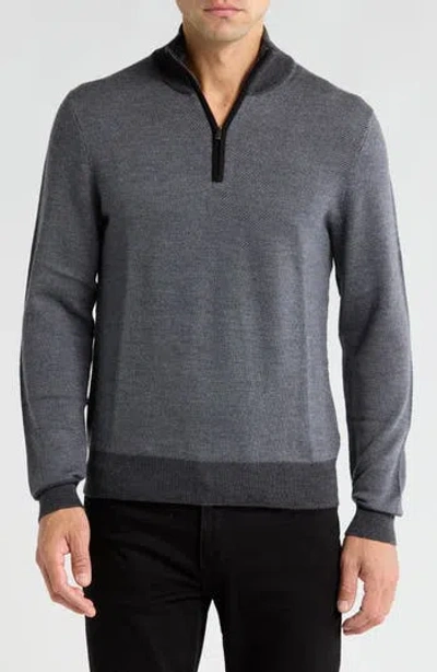 Bruno Magli Merino Wool Two-tone Twill Quarter-zip Pullover In Charcoal Grey