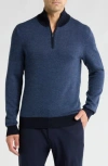 Bruno Magli Merino Wool Two-tone Twill Quarter-zip Pullover In Navy Denim