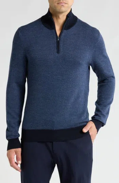 Bruno Magli Merino Wool Two-tone Twill Quarter-zip Pullover In Navy Denim