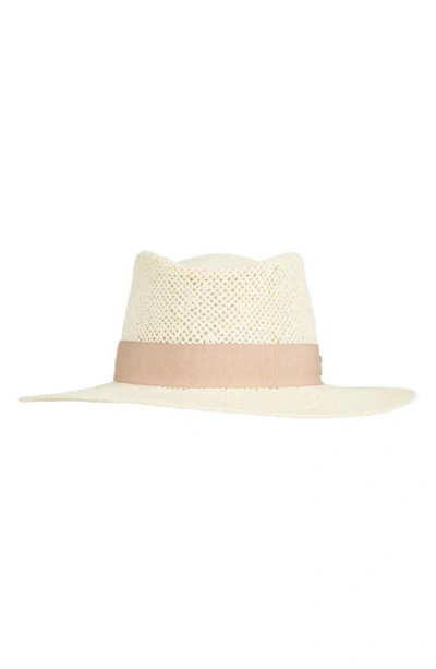 Bruno Magli Open Straw Weave Ribbon Band Fedora Sun Hat In White