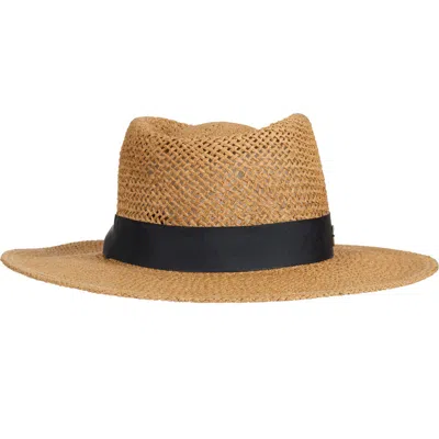 Bruno Magli Open Straw Weave Ribbon Band Fedora Sun Hat In Black