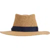 Bruno Magli Open Straw Weave Ribbon Band Fedora Sun Hat In Vicuna/navy