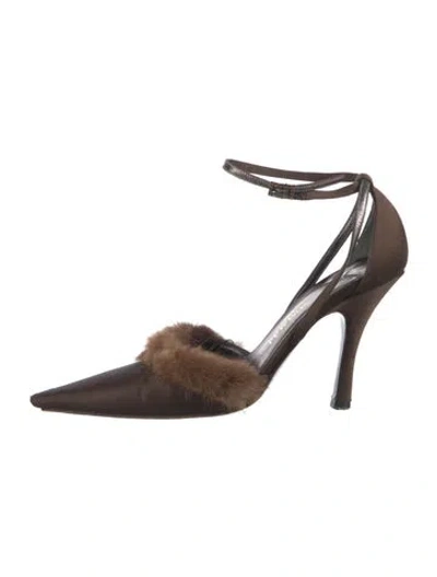Pre-owned Bruno Magli Satin Fur Trim Pumps In Brown