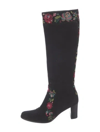 Pre-owned Bruno Magli Suede Floral Print Boots In Blue