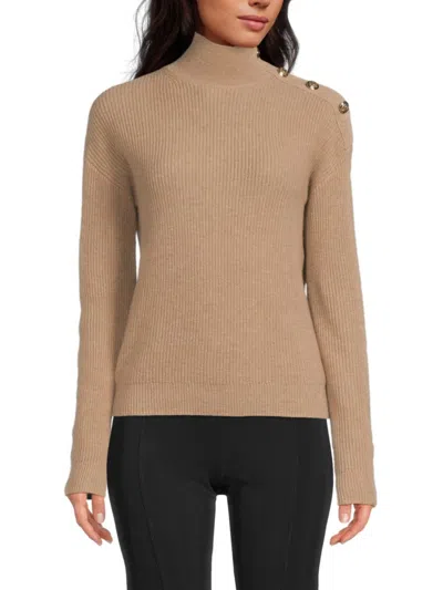 Bruno Magli Rib Button Shoulder Mock Nek Cashmere Sweater In Brown