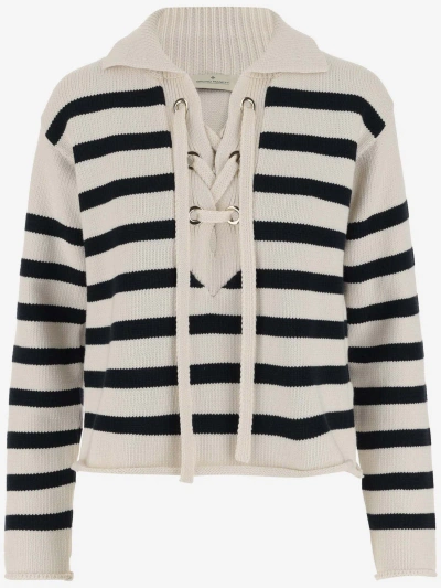 Bruno Manetti Cotton Blend Sweater With Striped Pattern In White