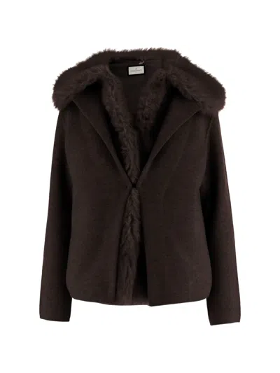 Bruno Manetti Dark Brown Wool-cashmere Blend Plush Fur Trim Jacket In Black