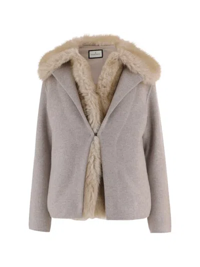 Bruno Manetti Beige Short Plush Fur Trim Wool-cashmere Blend Jacket In Gray