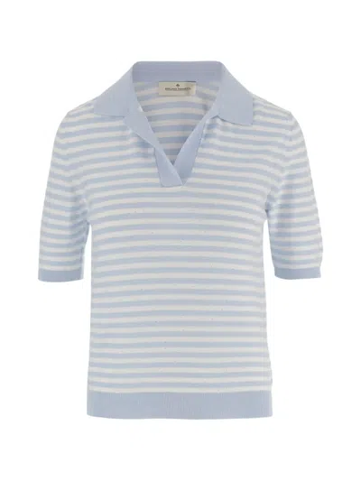 Bruno Manetti Striped-pattern Collared T-shirt In Blue