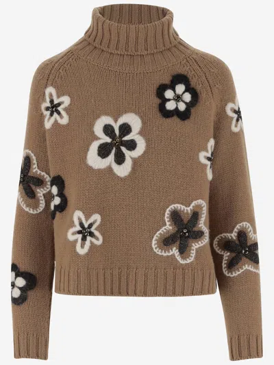 Bruno Manetti Wool Blend Sweater With Flowers In Beige