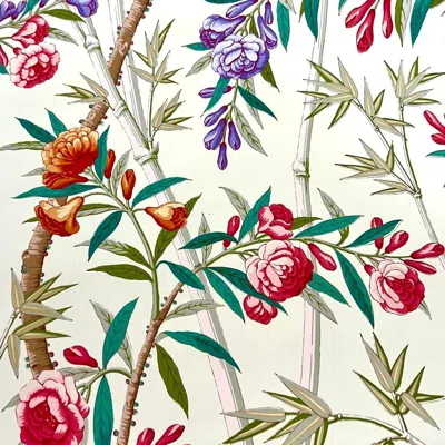 Pre-owned Brunschwig & Fils Brunschwig And Fils Bamboo Grove Handprinted Floral Wallpaper, Celadon Cream Usa In White