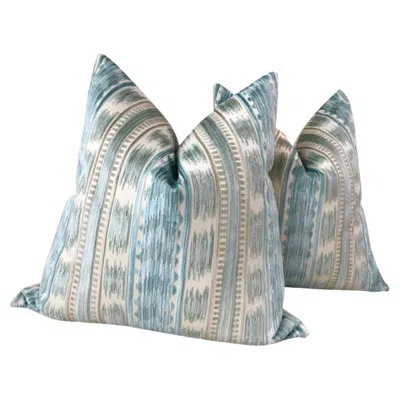 Pre-owned Brunschwig & Fils Pair Of Brunschwig And Fils "bayeaux" Velvet In Aqua 18" Down-filled Pillows In Gray