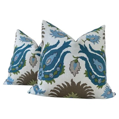 Pre-owned Brunschwig & Fils Pair Of Brunschwig And Fils "kashmiri" Blue, Teal, And Taupe In Pillows- A 22" In Brown