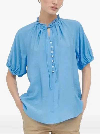 Bruuns Bazaar Lace-trimmed Flower-button Blouse In Blue
