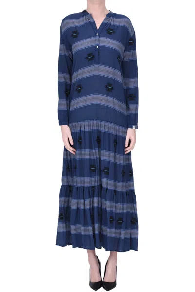 Bsbee Embroidered Cotton Long Dress In Navy Blue