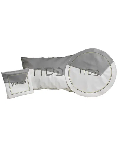 Bt Shalom Noble Gift White And Grey Leatherette Passover Seder Set With Gold Stitch Detail In Gray