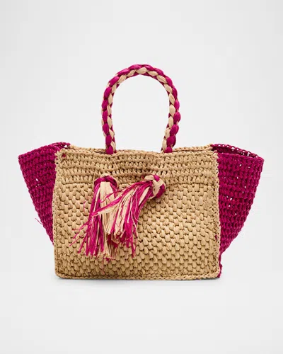 Btb Los Angeles Lucas Mini Tassel Raffia Tote Bag In Burgundy