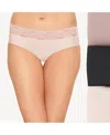 B.tempt'd Women's 3-pk. B.bare Lace-trim Hipster Underwear In Night,antler,rose Smoke