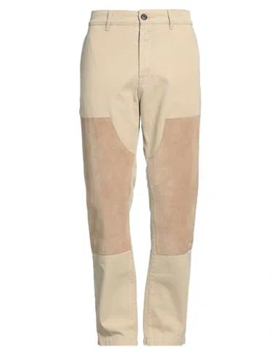 Btfl Man Pants Beige Size 34 Cotton, Leather