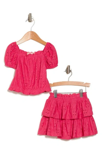 Btween Kids' Eyelet Puff Sleeve Top & Skirt Set In Pink