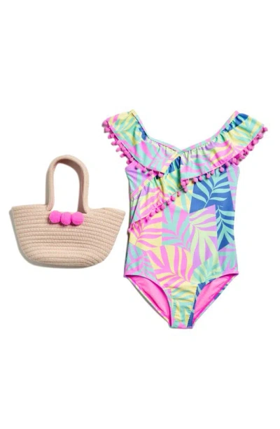 Btween Kids' One-piece Ruffle Swimsuit & Straw Handbag Set In Tropical