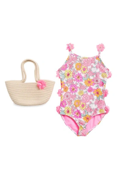 Btween Kids' One-piece Swimsuit & Bag Set In Floral Multi