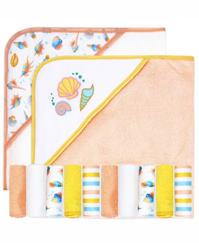 Buba Baby Babies' Boys And Girls 2 Pack Embroidered Hooded Bath Towels With 10 Matching Wash Cloths In Peach