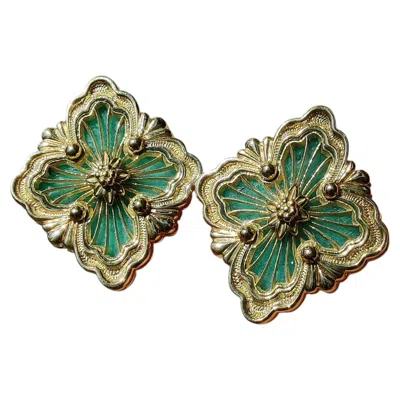 Pre-owned Buccellati 18 Karat Clip Gold Earrings Opera Tulle - Amazonite In Multi