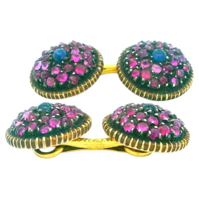 Pre-owned Buccellati 18k Gold & Silver Pave Pink & Center Blue Sapphire Cufflinks