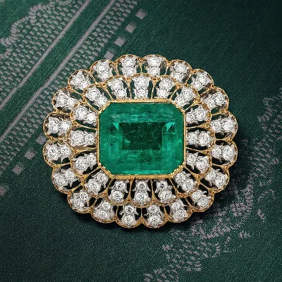Pre-owned Buccellati , 18k Gold Emerald Diamond Brooch, Guild, Gia In Green