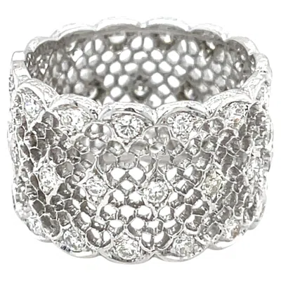 Pre-owned Buccellati 18k White Gold Tulle Broccato Band Ring Diamond Accents Size 6.75