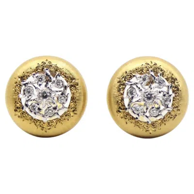 Pre-owned Buccellati 18k Yellow & White Gold Diamond Rigato Satin Finish Button Earrings