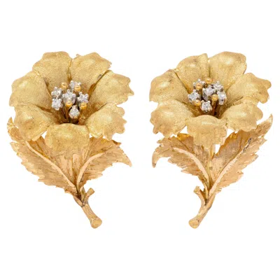 Pre-owned Buccellati 1970's Diamond 18k Tri-colored Gold Vintage Flower Ear-clip Earrings In Multi