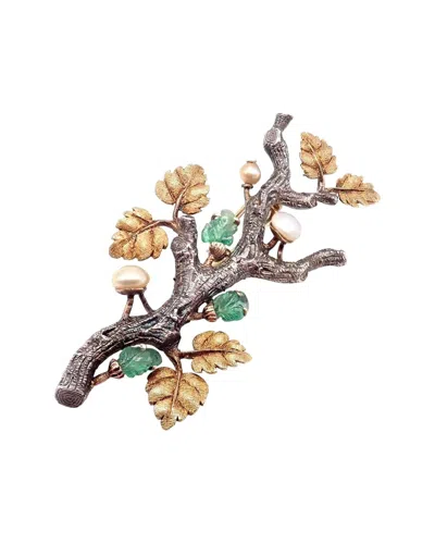 Buccellati Buccelleti 18k Two-tone Emerald & 3-5mm Pearl Twig Brooch (authentic Pre-  Owned) In Gold
