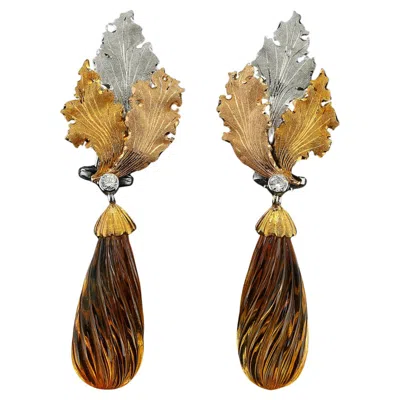 Pre-owned Buccellati Carved Citrine Diamond Leaf Drop Earrings 18 Kt In Multi