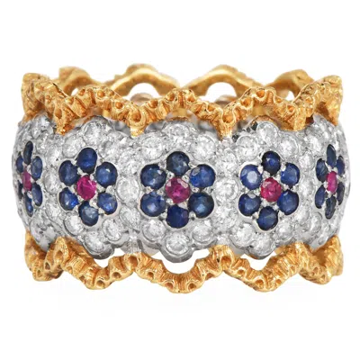 Pre-owned Buccellati Diamond Sapphire Ruby 18k Gold Floral Eternity Ring In Blue