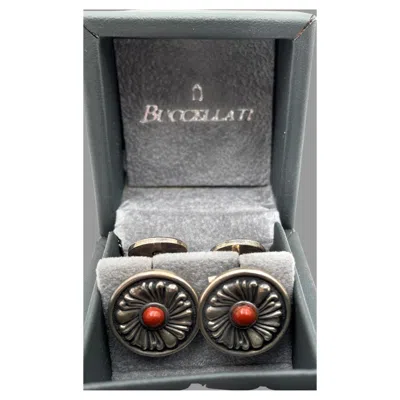 Pre-owned Buccellati Italian Pair Of Sterling Silver & Jasper Floral Cufflinks