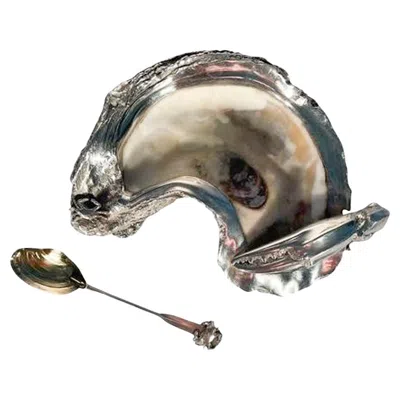 Pre-owned Buccellati Mcm Sterling Silver Encrusted Oyster Shell Condiment Dish And Spoon