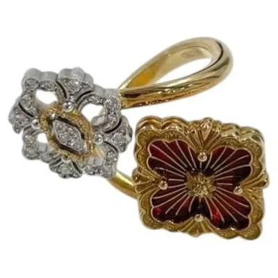 Pre-owned Buccellati Opera Tulle 18k Gold Red Enamel Diamond Double Flower Ring Size 51