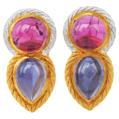 Pre-owned Buccellati Vinatge  Rubellite & Iolite 18k Gold Clip On Earrings In Multi