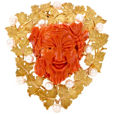 Pre-owned Buccellati Vintage Bacchus Roman God Natural Coral Akoya Pearl 18k Brooch Pendan In Red
