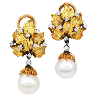 Pre-owned Buccellati Vintage  Pearl Diamond 18k Gold Leaf Drop Earrings In Multiple