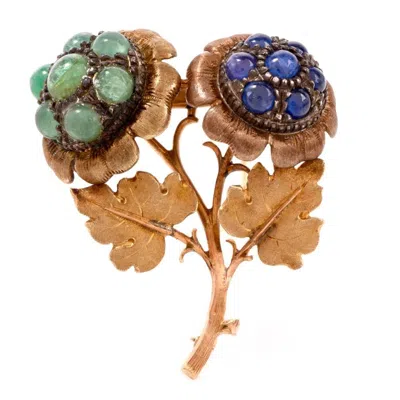 Pre-owned Buccellati Vintage Emerald Sapphire Yellow Gold Floral Pin Brooch