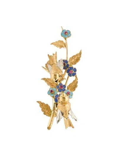 Pre-owned Bucherer 18k Ruby & Enamel Birds On A Branch Pin Brooch In Blue