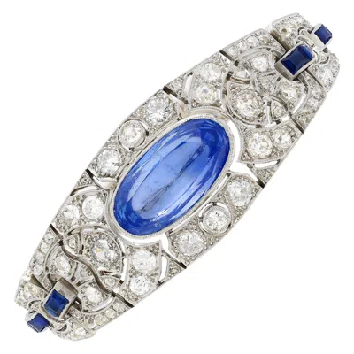 Pre-owned Bucherer Art Deco Era 20 Carat Oval-cut Ceylon Sapphire And Old-euro Cut Diamond Bracelet In Blue