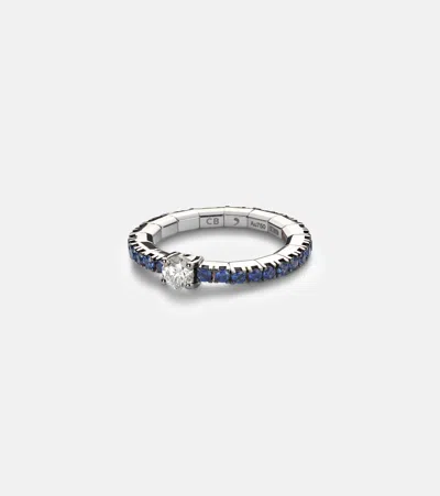 Bucherer Fine Jewellery Stretchy 18kt White Gold Ring With Diamond And Sapphires In Silver