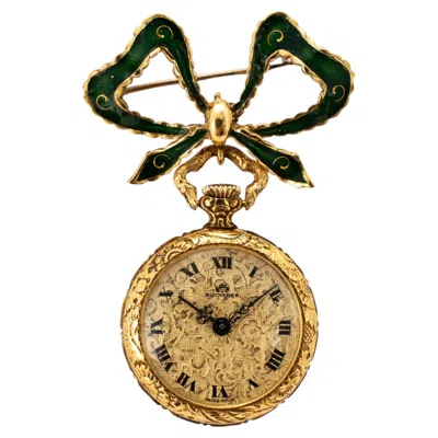 Pre-owned Bucherer Ladies Art Nouveau  Lapel 18k Gold Enamel Bow Pin Vintage Pocket Watch In Multi