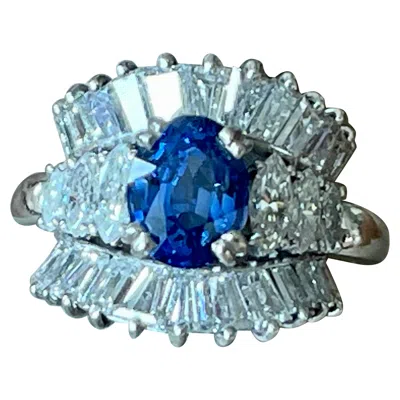 Pre-owned Bucherer Platinum Cocktail Ring By  Ceylon Sapphire Marquise Baguette Diamonds In Blue