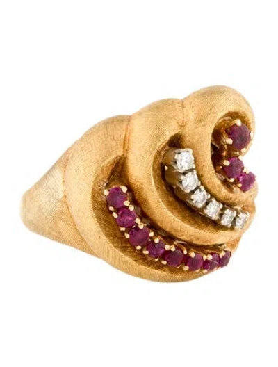 Pre-owned Bucherer Vintage 18k Ruby & Diamond Swirl Dome Cocktail Ring In Multi